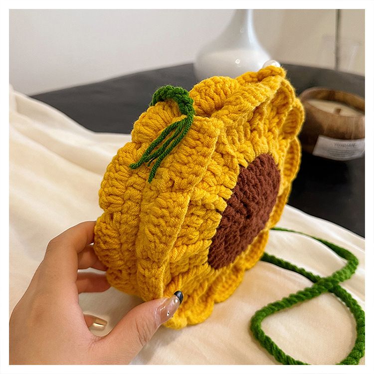 Yellow Handmade Crochet Sunflower Crossbody Bag – Cute Floral Knitted Button view 6