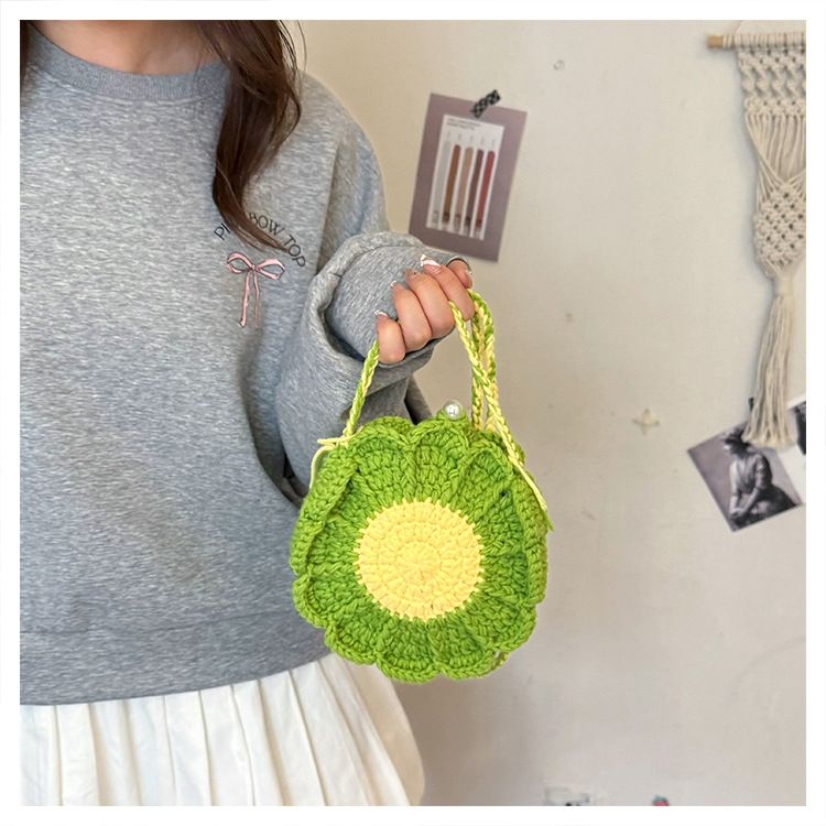 Green Handmade Crochet Sunflower Crossbody Bag – Cute Floral Knitted Button view 2