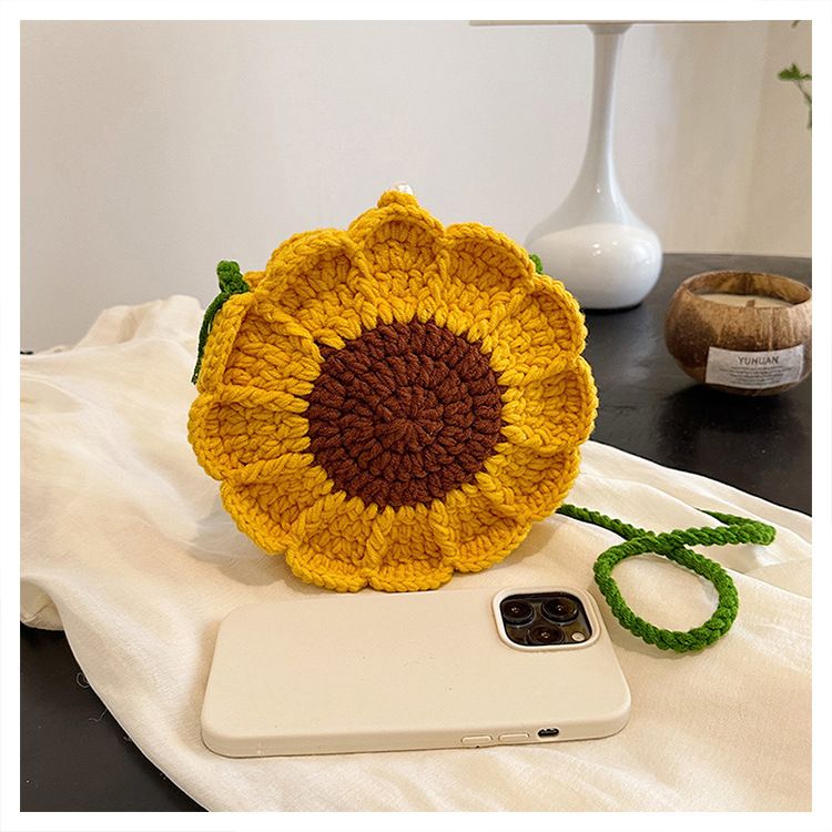 Green Handmade Crochet Sunflower Crossbody Bag – Cute Floral Knitted Button view 6
