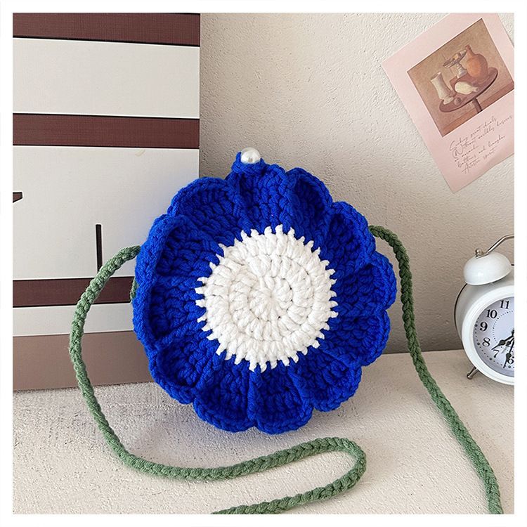 Dark Blue Handmade Crochet Sunflower Crossbody Bag – Cute Floral Knitted view 2