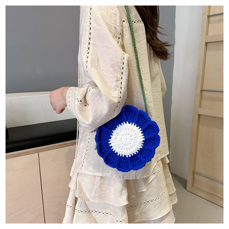 Dark Blue Handmade Crochet Sunflower Crossbody Bag – Cute Floral Knitted view 3