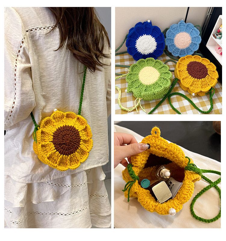 Dark Blue Handmade Crochet Sunflower Crossbody Bag – Cute Floral Knitted view 4