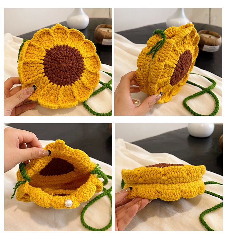 Blue Handmade Crochet Sunflower Crossbody Bag – Cute Floral Knitted Button view 5