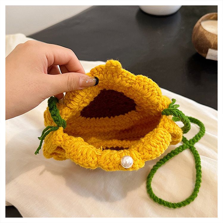 Blue Handmade Crochet Sunflower Crossbody Bag – Cute Floral Knitted Button view 8