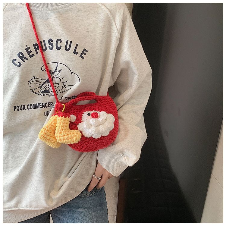 Red Handmade Crochet Santa Claus Bag – Festive Christmas Knitted Shoulder view 2