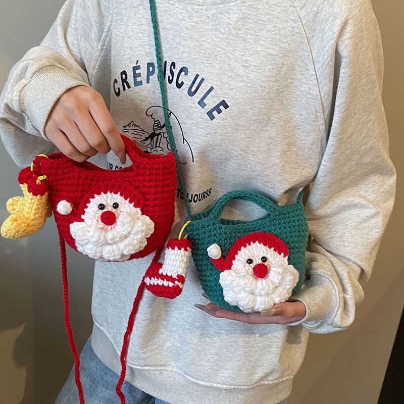 Green Handmade Crochet Santa Claus Bag – Festive Christmas Knitted Shoulder view 4