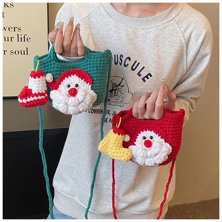 Green Handmade Crochet Santa Claus Bag – Festive Christmas Knitted Shoulder view 5