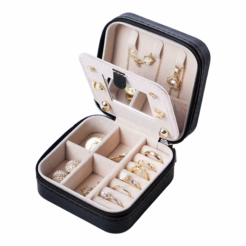 Black Mini Travel Jewelry Box with Mirror - 10x10x5cm Portable PU Leather