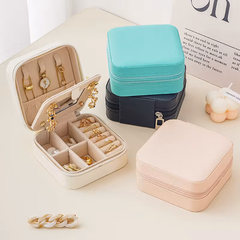 Black Mini Travel Jewelry Box with Mirror - 10x10x5cm Portable PU Leather view 3