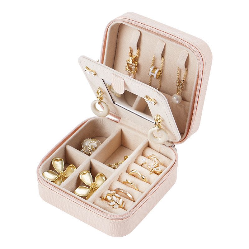 Pink Mini Travel Jewelry Box with Mirror - 10x10x5cm Portable PU Leather