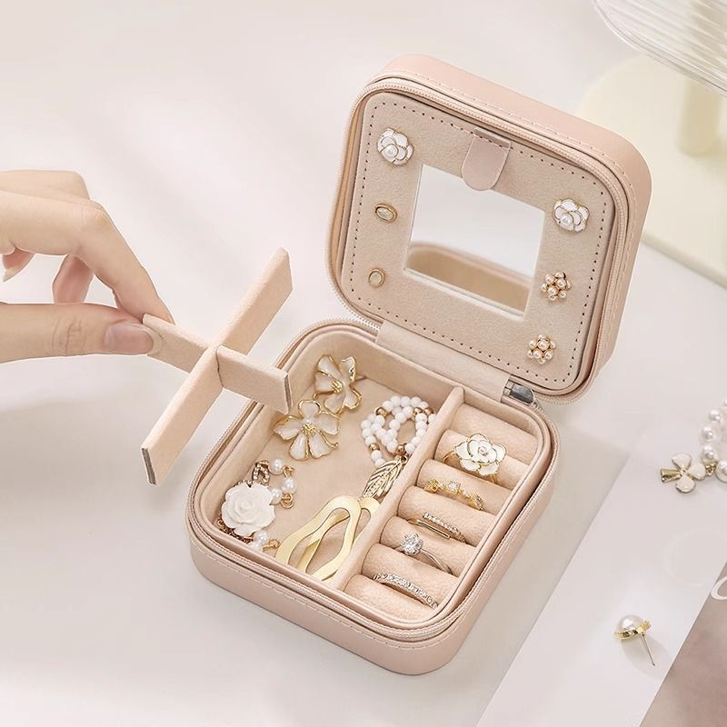 Grey Mini Travel Jewelry Box with Mirror - 10x10x5cm Portable PU Leather view 2