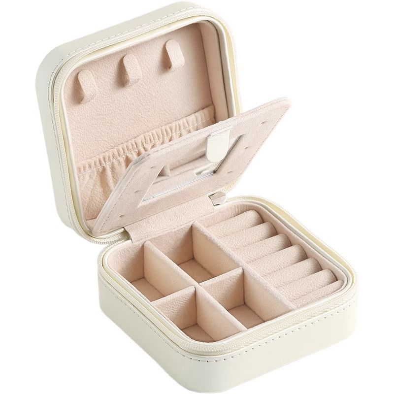 White Mini Travel Jewelry Box with Mirror - 10x10x5cm Portable PU Leather
