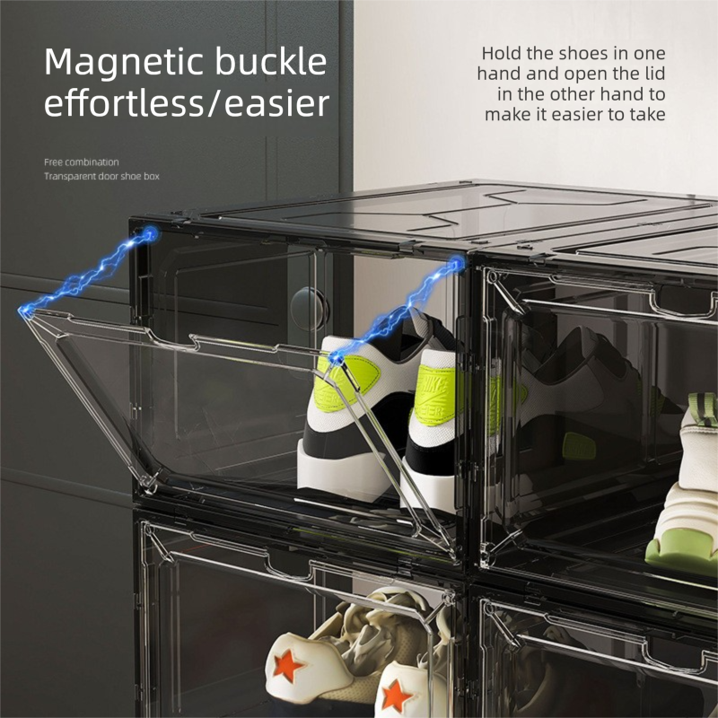 Black Transparent Magnetic Shoe Box Stackable Dustproof Sneaker Storage Case view 3