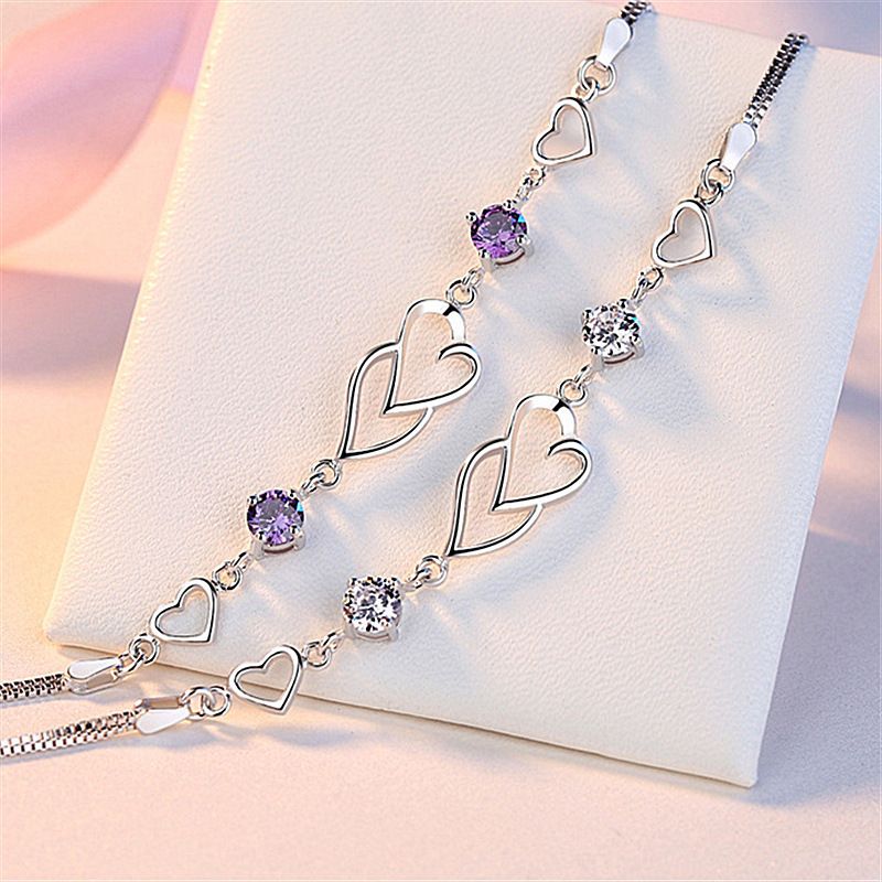 Heart-to-Heart Silver Plated Bracelet with Sparkling Rhinestones Elegant view 4