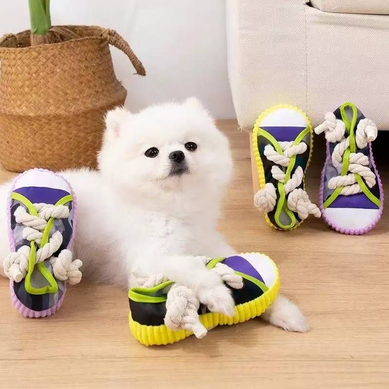 Yellow Squeaky Canvas Shoe Dog Toy - Durable Realistic Sneaker Design for view 2