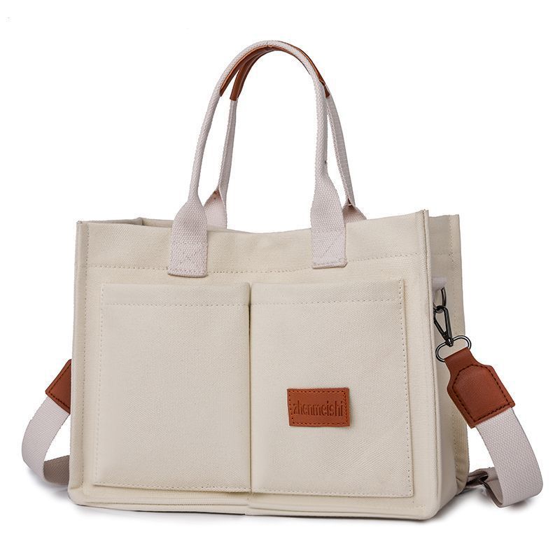 Beige Large Canvas Tote Bag for Women - Multi-Pocket Utility Organiser with