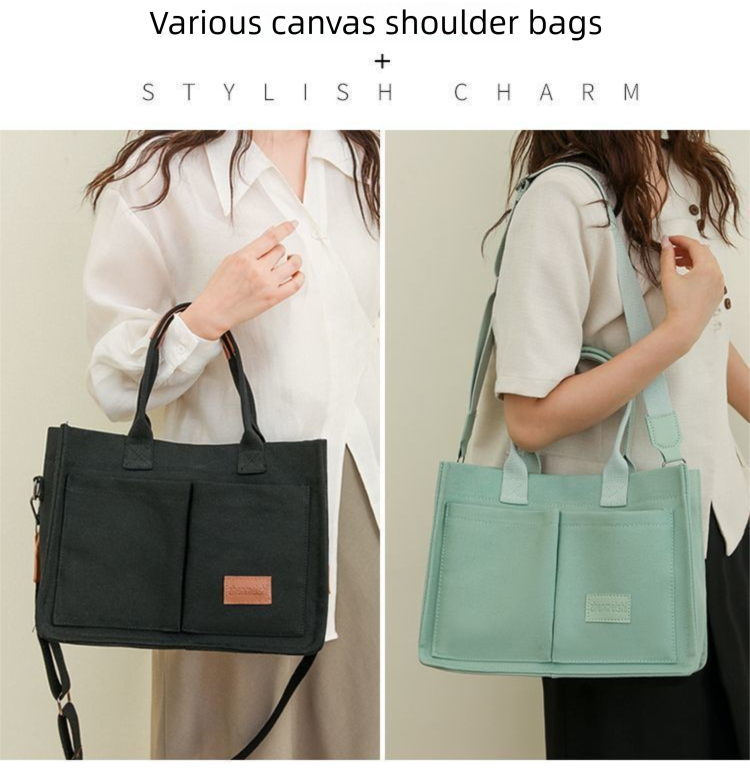 Beige Large Canvas Tote Bag for Women - Multi-Pocket Utility Organiser with view 5