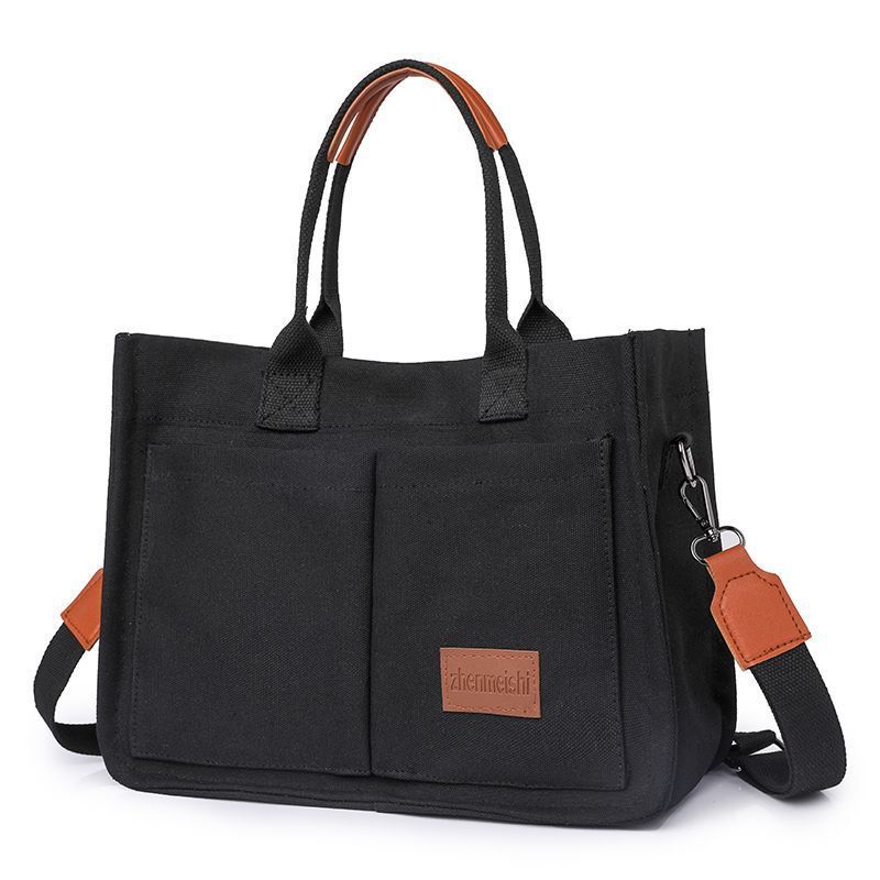 Black Large Canvas Tote Bag for Women - Multi-Pocket Utility Organiser with