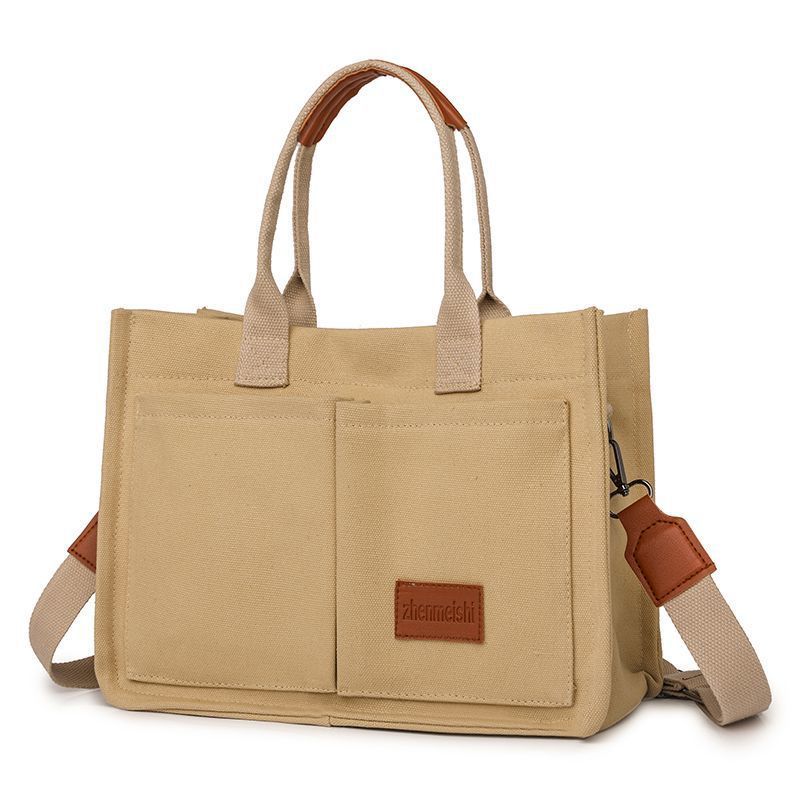 Khaki Large Canvas Tote Bag for Women - Multi-Pocket Utility Organiser with