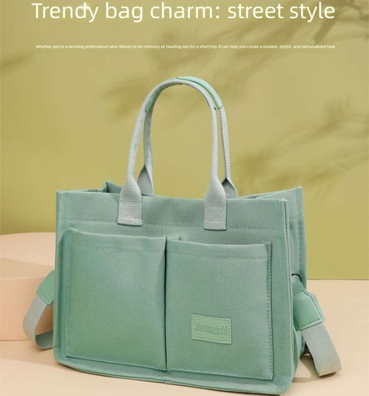 Khaki Large Canvas Tote Bag for Women - Multi-Pocket Utility Organiser with view 2