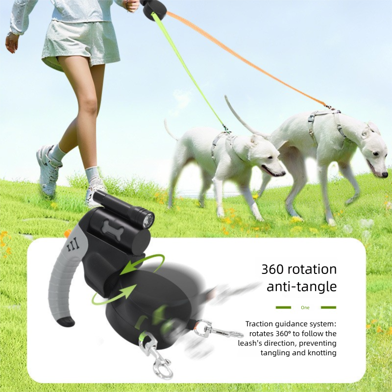 Black Dual Retractable Dog Leash - Tangle-Free 360 Degree Rotation - Built-in view 3
