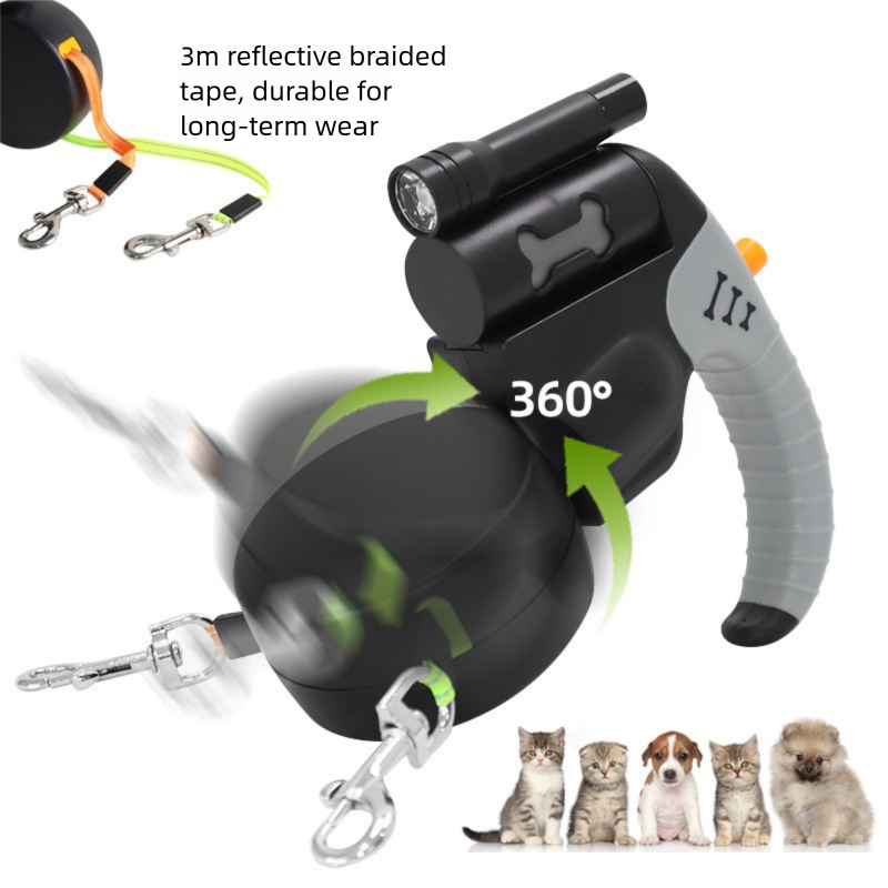 Brown Dual Retractable Dog Leash - Tangle-Free 360 Degree Rotation - Built-in view 4