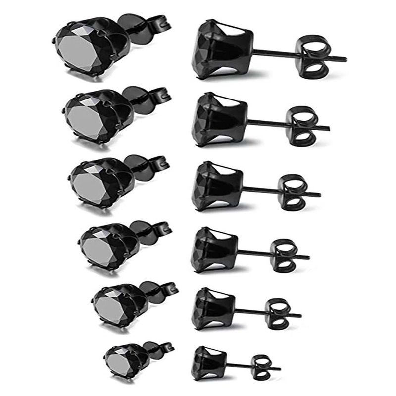 6-Pair Black Stainless Steel Stud Earring Set - Classic 6-Prong Crown Setting