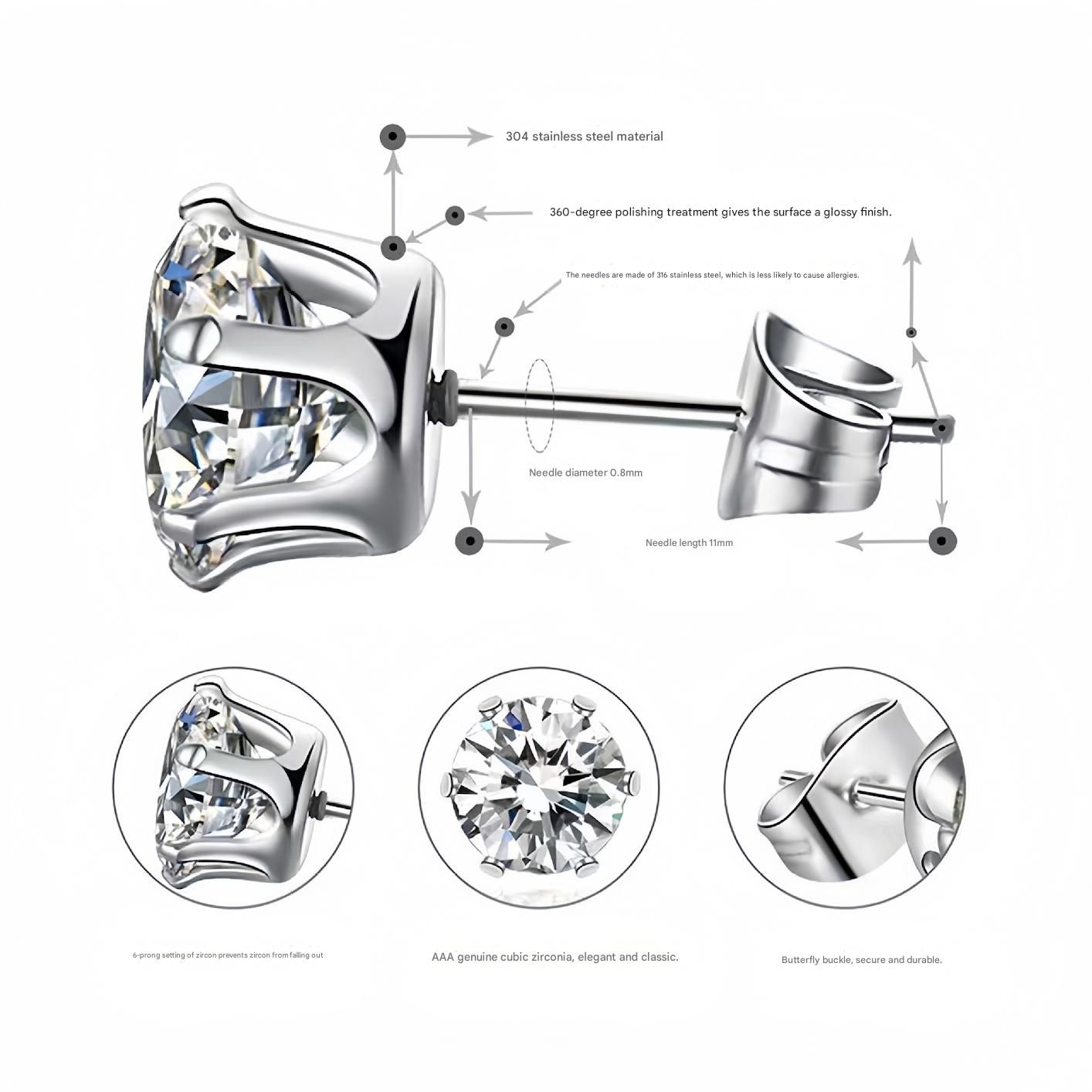 6-Pair Black Stainless Steel Stud Earring Set - Classic 6-Prong Crown Setting view 3