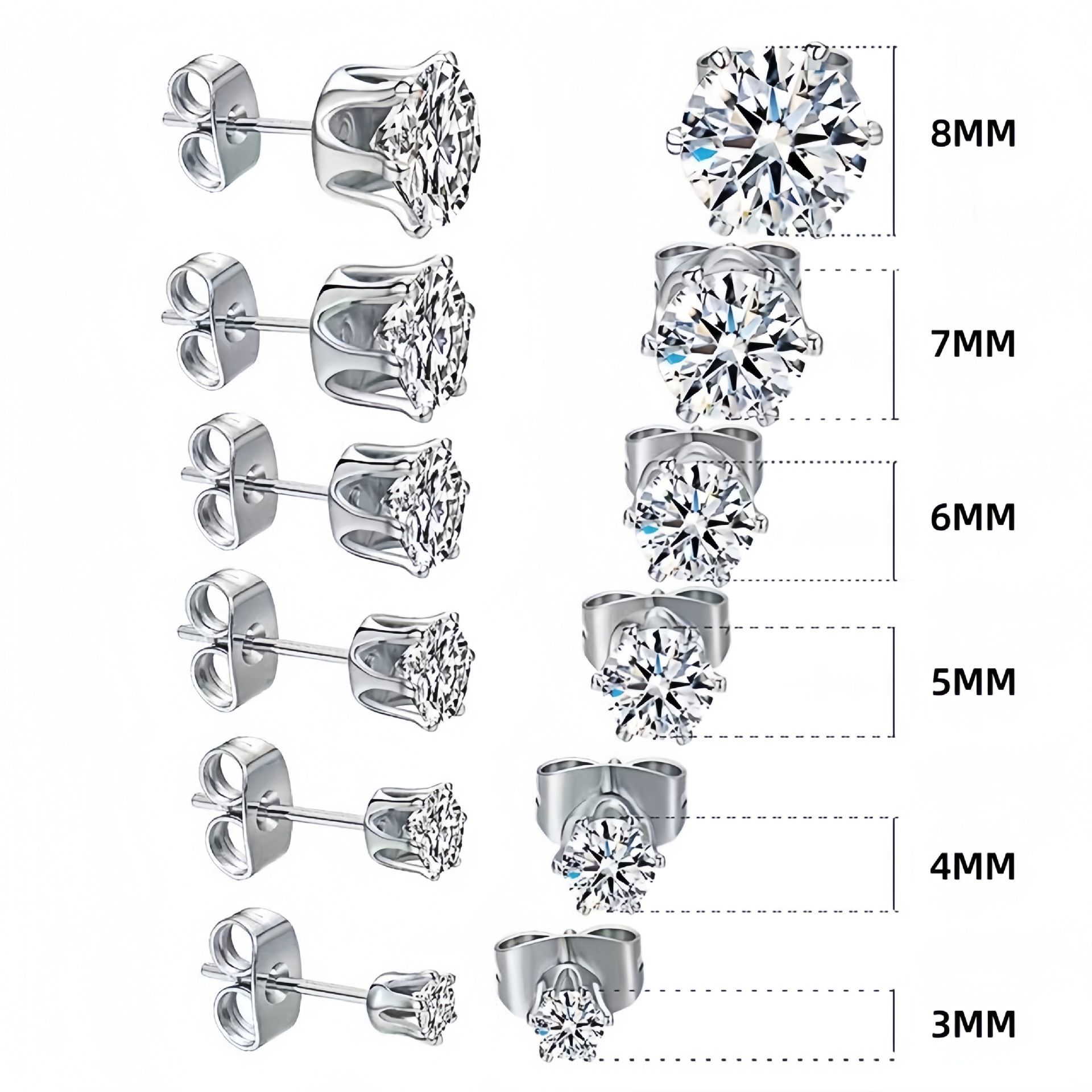 6-Pair Black Stainless Steel Stud Earring Set - Classic 6-Prong Crown Setting view 4