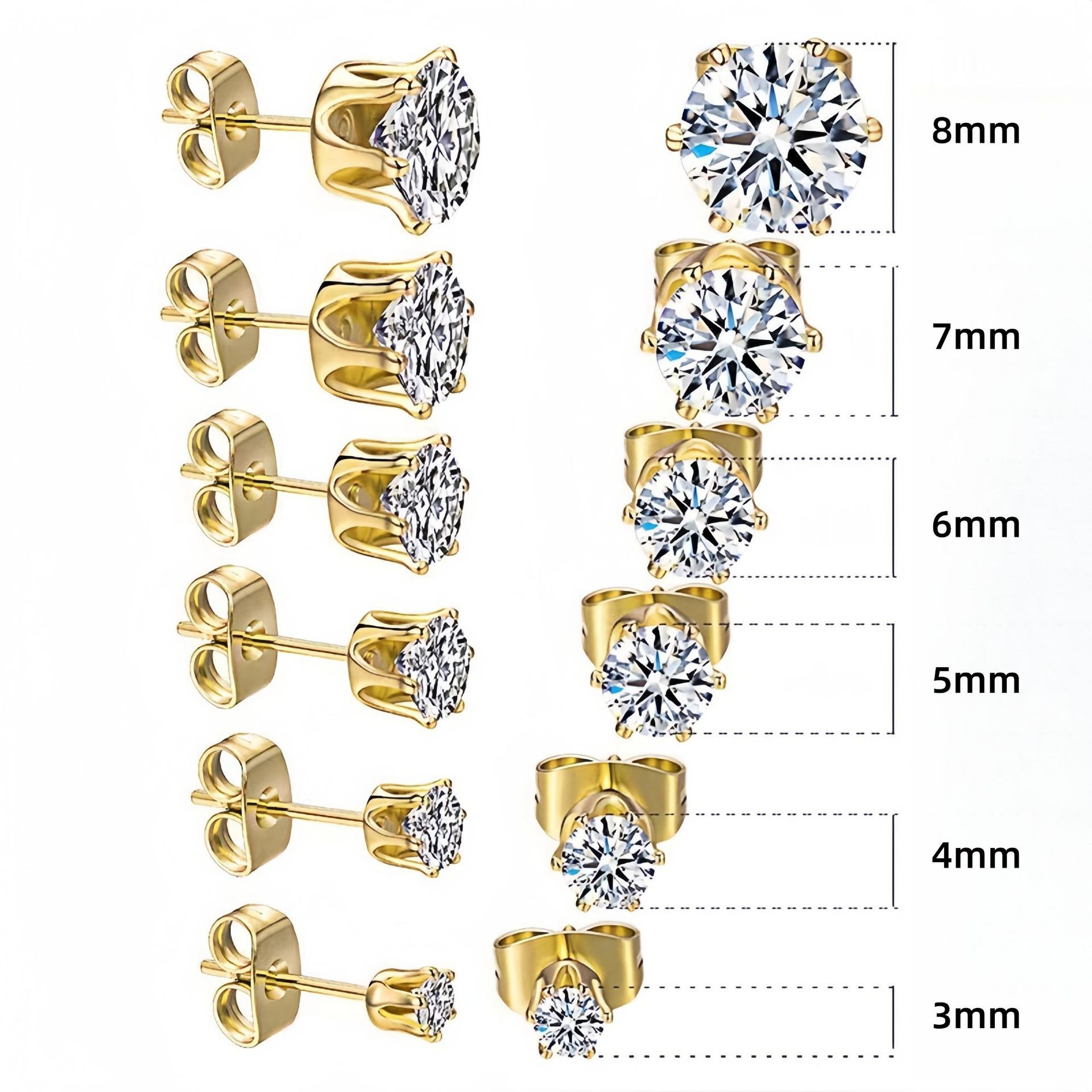 6-Pair Golden Stainless Steel Stud Earring Set - Classic 6-Prong Crown Setting
