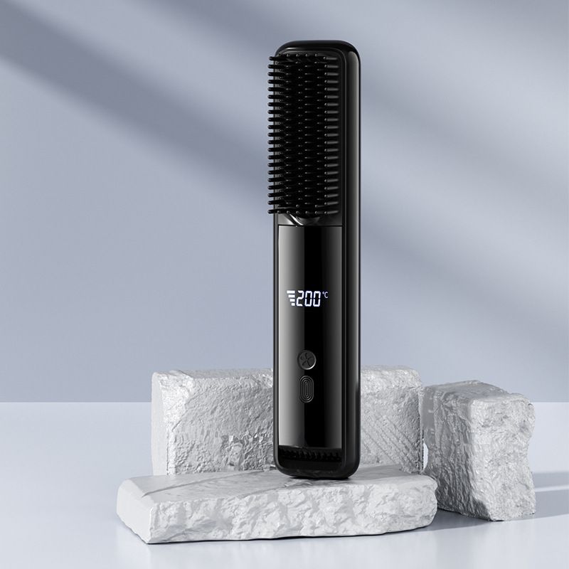 Black Wireless Rechargeable Hair Straightener Brush with LCD Display - USB-C
