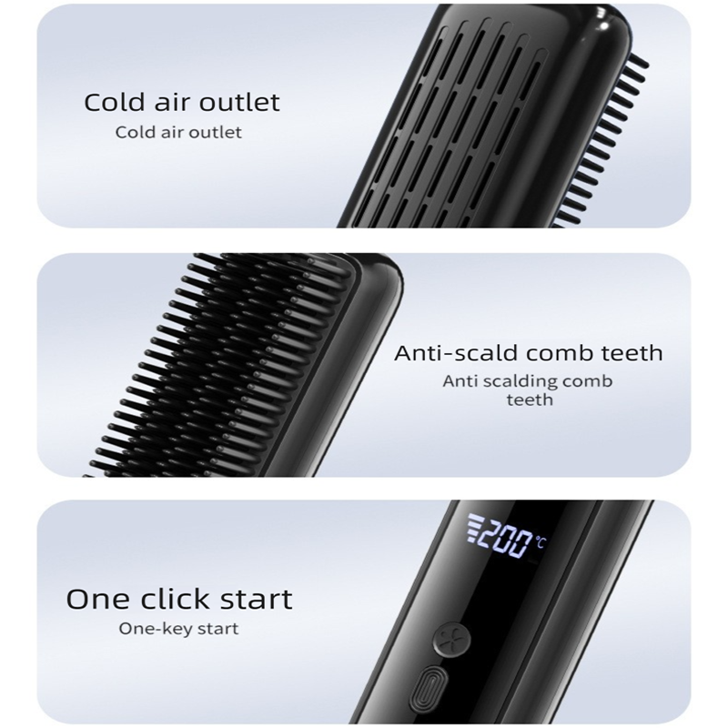 Black Wireless Rechargeable Hair Straightener Brush with LCD Display - USB-C view 4