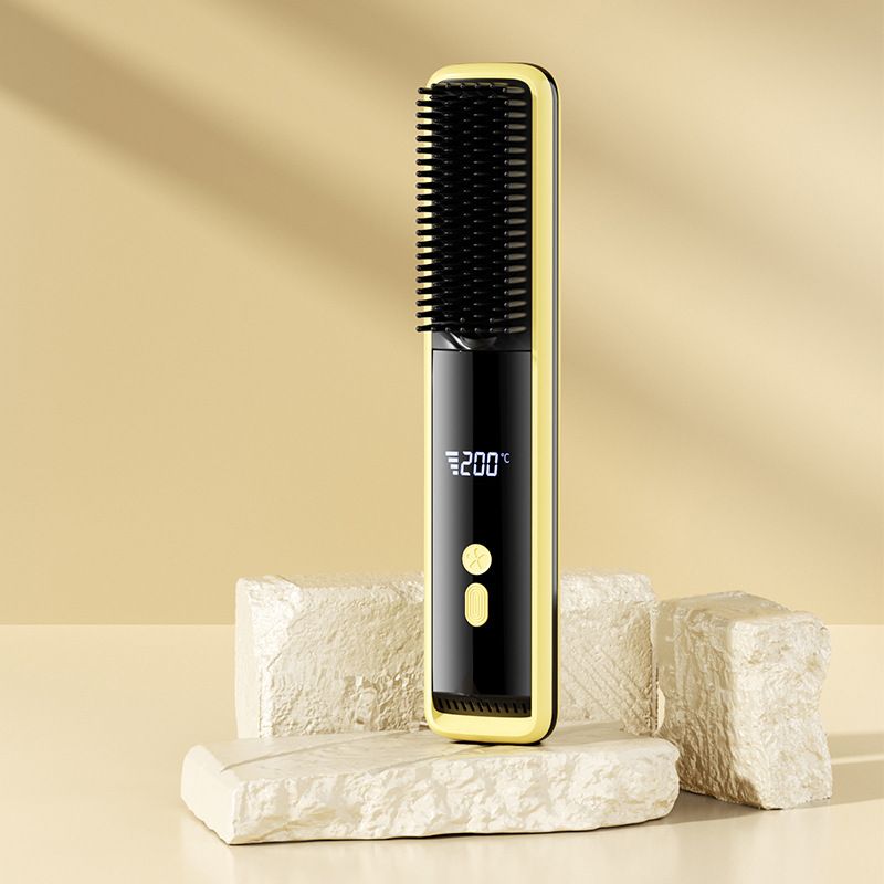 Yellow Wireless Rechargeable Hair Straightener Brush with LCD Display - USB-C