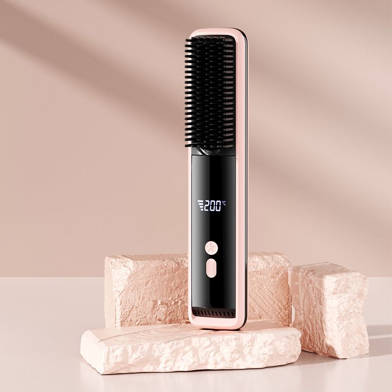 Pink Wireless Rechargeable Hair Straightener Brush with LCD Display - USB-C