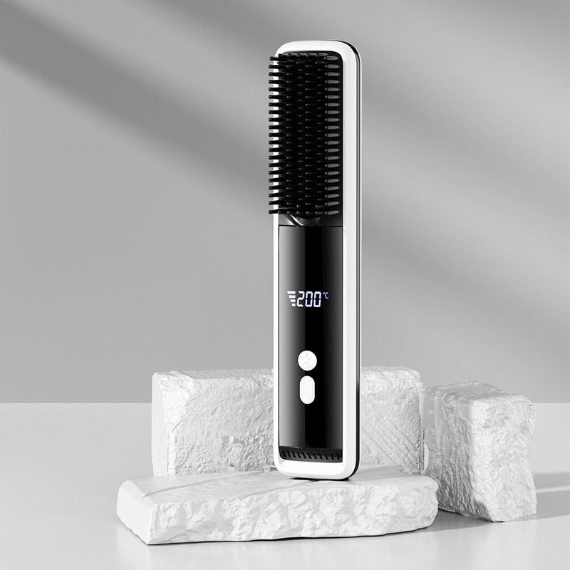 White Wireless Rechargeable Hair Straightener Brush with LCD Display - USB-C