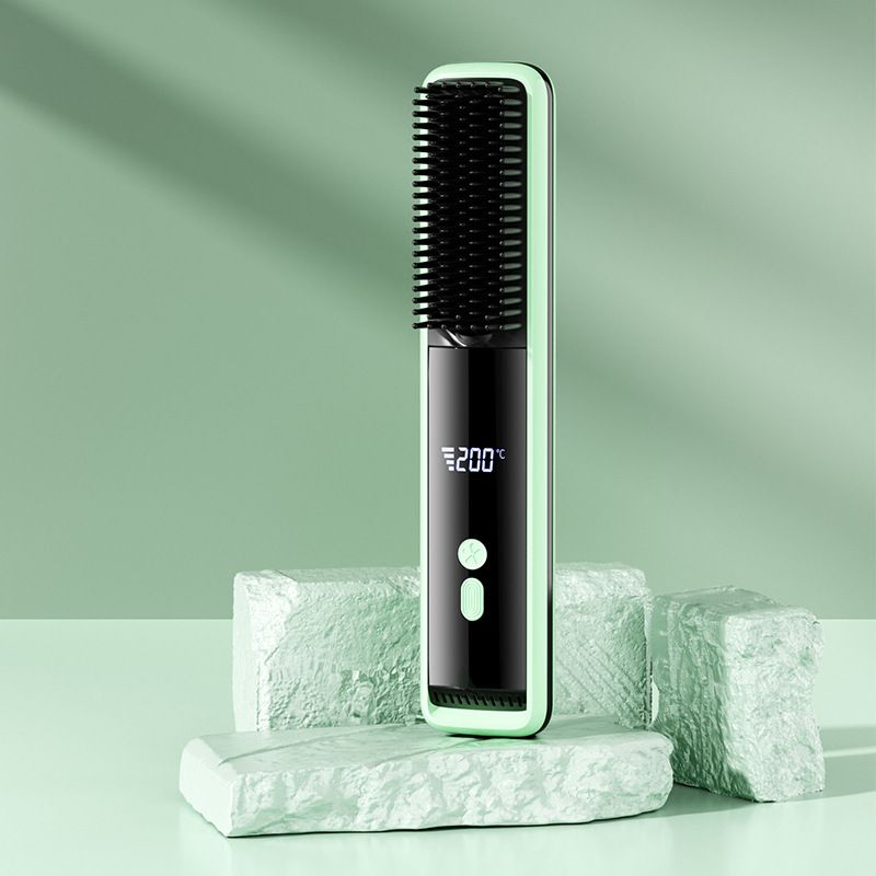 Green Wireless Rechargeable Hair Straightener Brush with LCD Display - USB-C