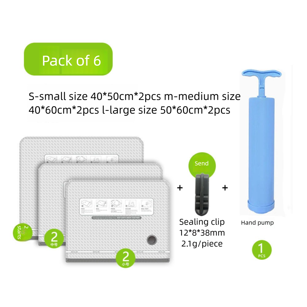 Six Vacuum Storage Bags Set with Hand Pump - Space Saving Compression Bags for