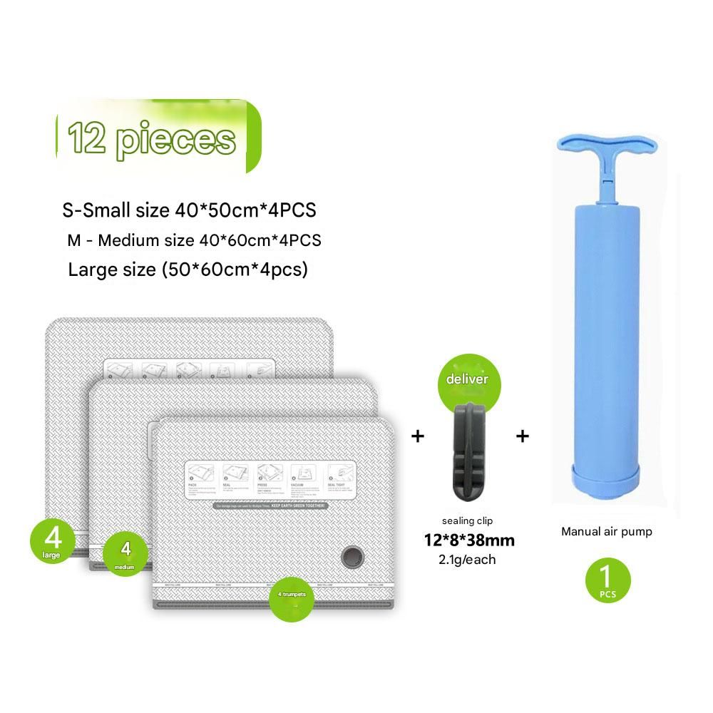Twelve Vacuum Storage Bags Set with Hand Pump - Space Saving Compression Bags