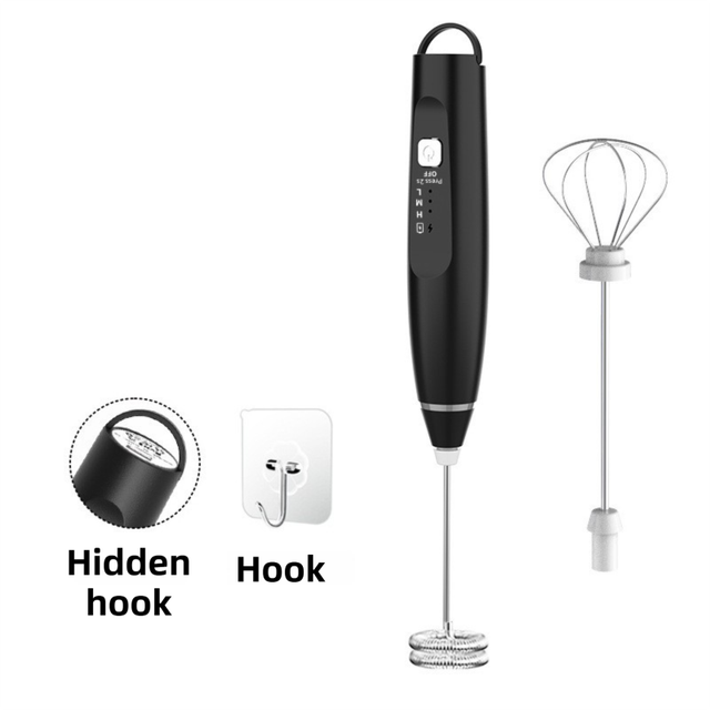 Black Wireless 3-Speed Milk Frother & Egg Whisk with Dual Mixing Heads &