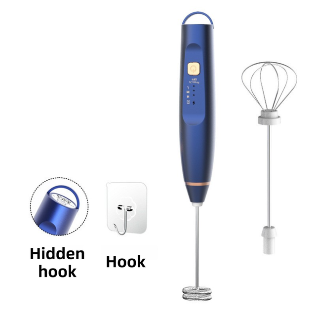 Blue Wireless 3-Speed Milk Frother & Egg Whisk with Dual Mixing Heads & Hidden