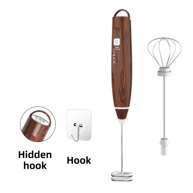 Wood Grain Wireless 3-Speed Milk Frother & Egg Whisk with Dual Mixing Heads &
