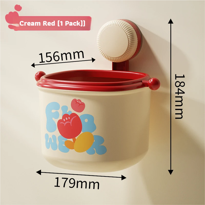 Cream Red Cute Suction Cup Wall-Mounted Trash Bin with Bag Press Ring and Wide