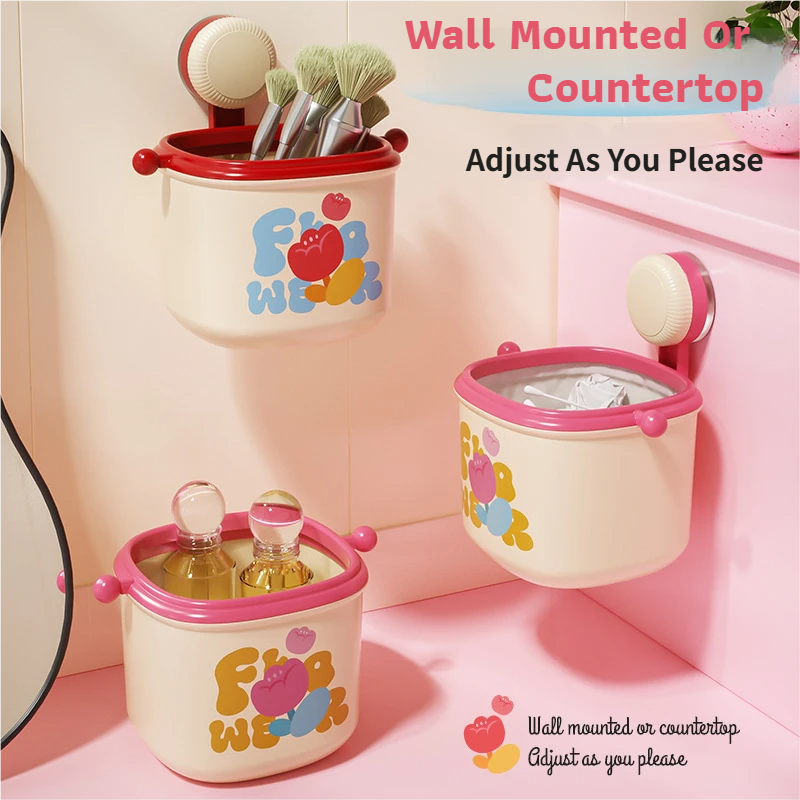 Cream Red Cute Suction Cup Wall-Mounted Trash Bin with Bag Press Ring and Wide view 2