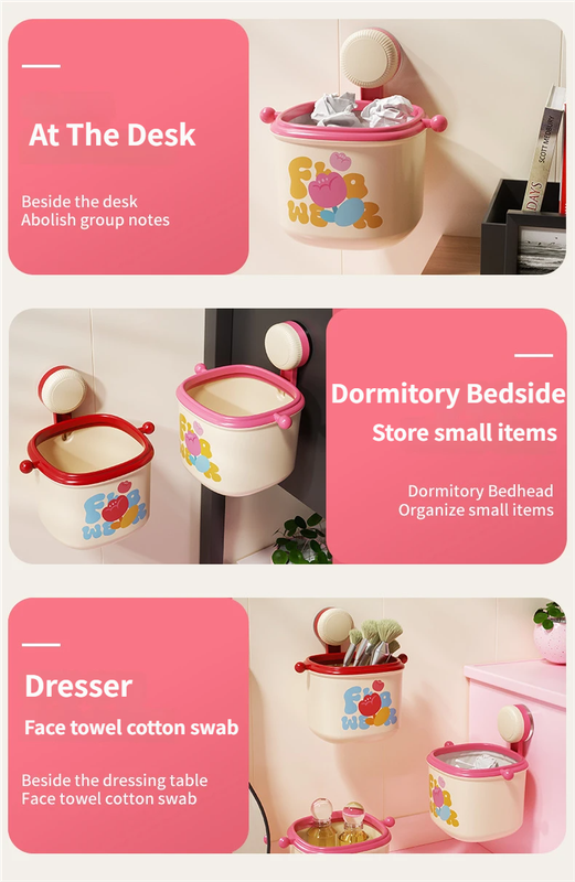 Cream Red Cute Suction Cup Wall-Mounted Trash Bin with Bag Press Ring and Wide view 4