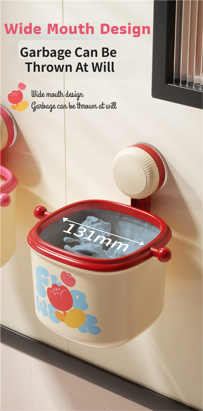 Cream Red Cute Suction Cup Wall-Mounted Trash Bin with Bag Press Ring and Wide view 5