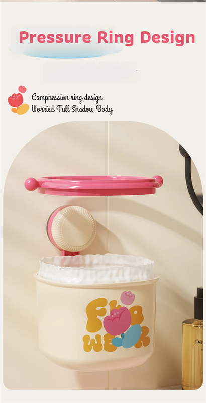Cream Red Cute Suction Cup Wall-Mounted Trash Bin with Bag Press Ring and Wide view 6