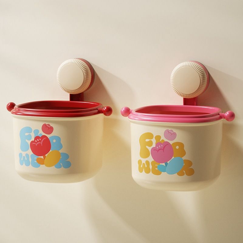 2-Pack Cream Red & Cream Powder Cute Suction Cup Wall-Mounted Trash Bin with