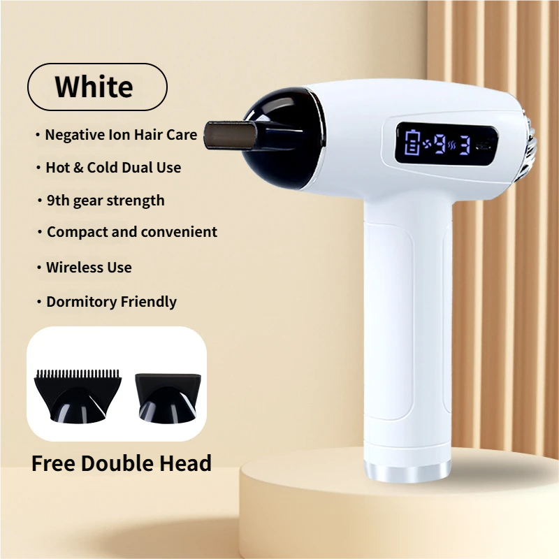 White Cordless Ionic Constant Heated Hair Dryer with LCD Display & 9 Wind
