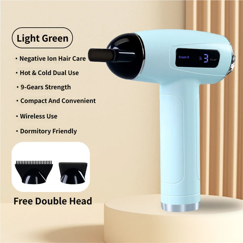 Light Green Cordless Ionic Constant Heated Hair Dryer with LCD Display & 9