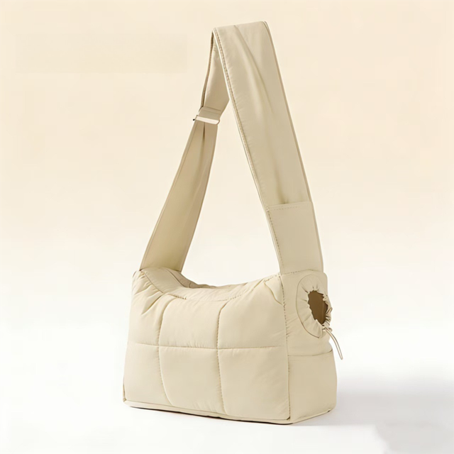 Beige Foldable Insulated Quilted Pet Shoulder Bag with Adjustable Peep Hole &